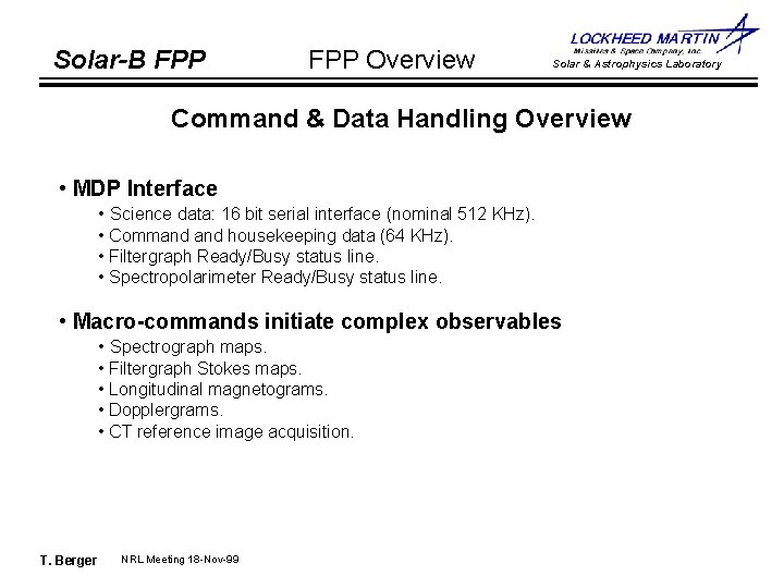 Solar-B FPP Overview Solar & Astrophysics Laboratory Command & Data Handling Overview • MDP