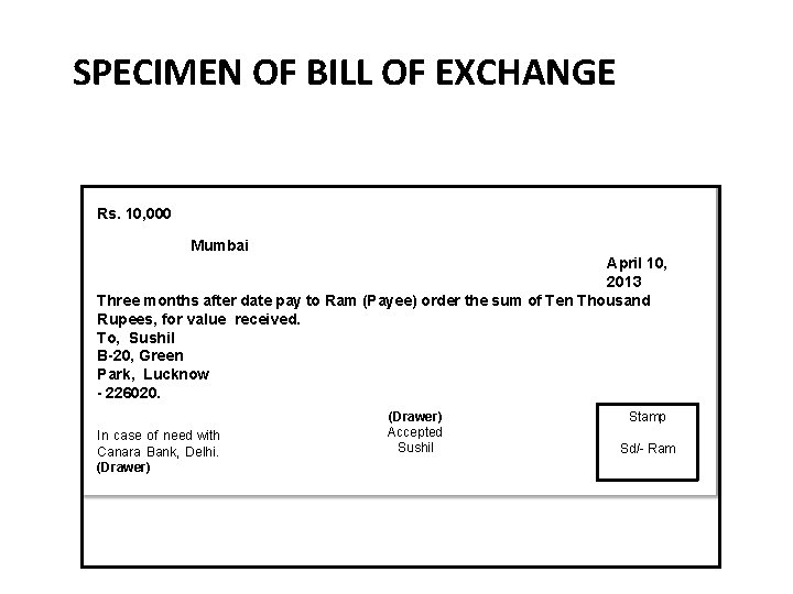 SPECIMEN OF BILL OF EXCHANGE 13 Rs. 10, 000 Mumbai April 10, 2013 Three