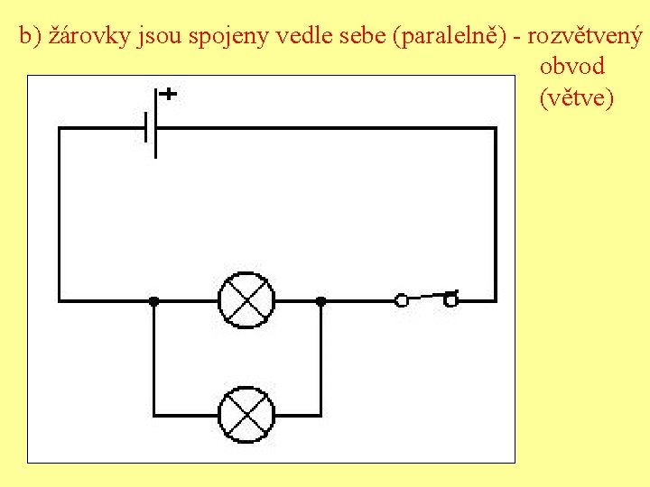 b) žárovky jsou spojeny vedle sebe (paralelně) - rozvětvený obvod (větve) 