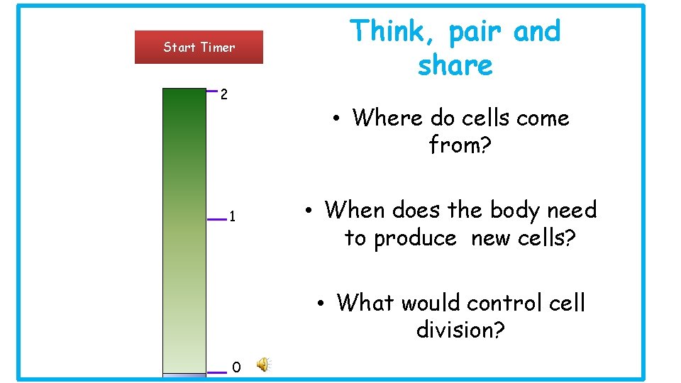 Start Timer 2 Think, pair and share • Where do cells come from? 1