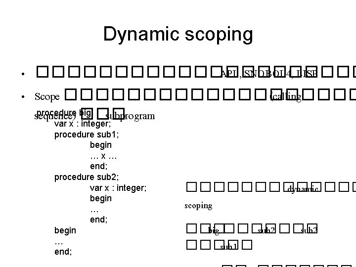 Dynamic scoping • ����������� APL, SNOBOL 4, LISP • Scope ���������� (calling procedure ���