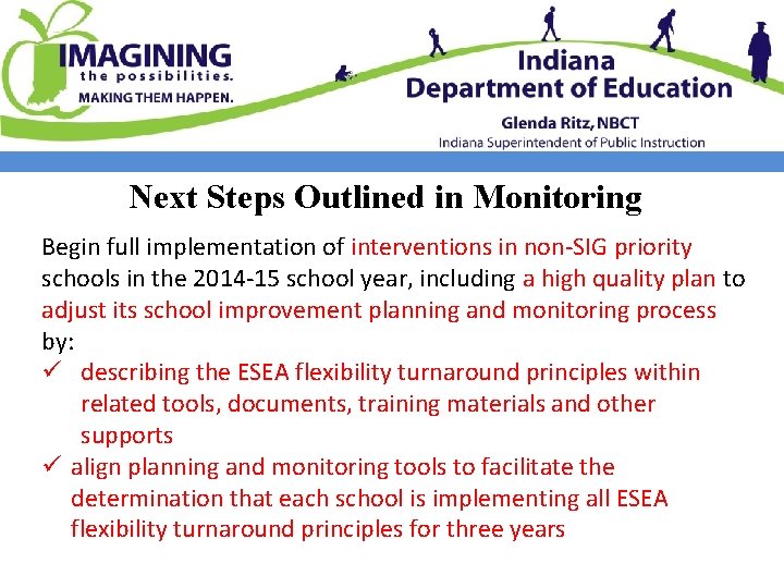 Next Steps Outlined in Monitoring Begin full implementation of interventions in non-SIG priority schools