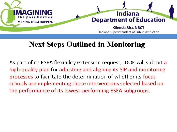 Next Steps Outlined in Monitoring As part of its ESEA flexibility extension request, IDOE