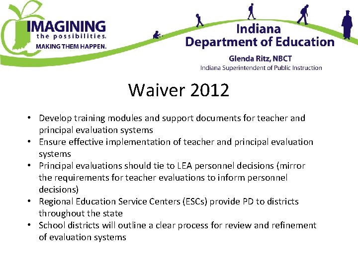 Waiver 2012 • Develop training modules and support documents for teacher and principal evaluation