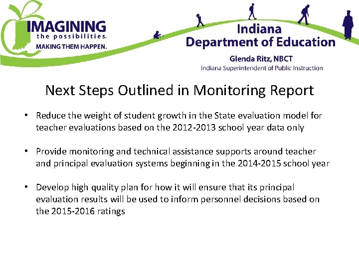 Next Steps Outlined in Monitoring Report • Reduce the weight of student growth in