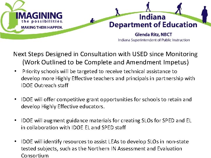 Next Steps Designed in Consultation with USED since Monitoring (Work Outlined to be Complete