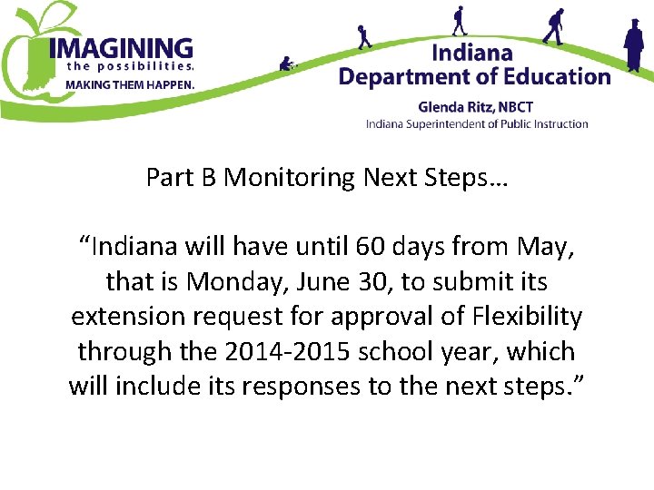 Part B Monitoring Next Steps… “Indiana will have until 60 days from May, that