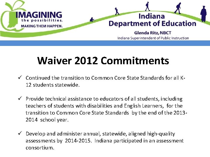 Waiver 2012 Commitments ü Continued the transition to Common Core State Standards for all