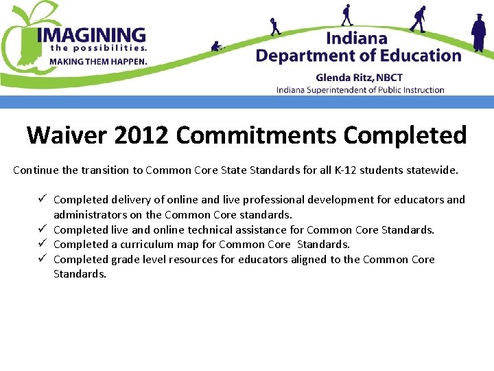 Waiver 2012 Commitments Completed Continue the transition to Common Core State Standards for all