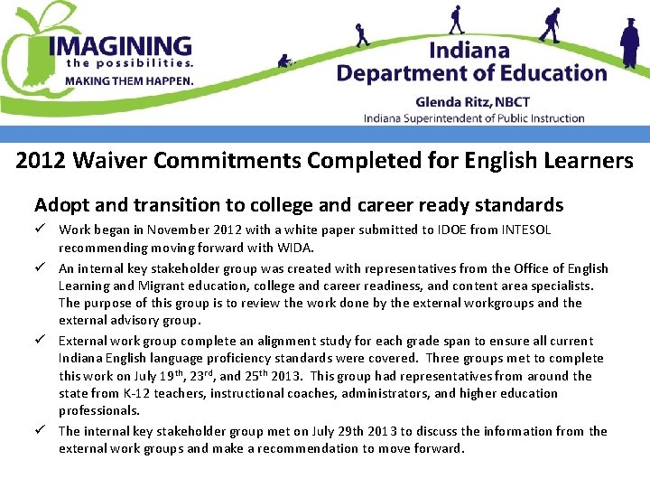 2012 Waiver Commitments Completed for English Learners Adopt and transition to college and career