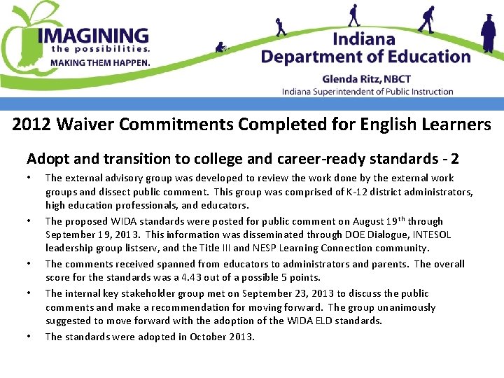 2012 Waiver Commitments Completed for English Learners Adopt and transition to college and career-ready