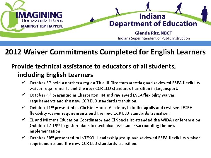 2012 Waiver Commitments Completed for English Learners Provide technical assistance to educators of all