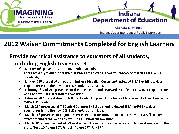 2012 Waiver Commitments Completed for English Learners Provide technical assistance to educators of all