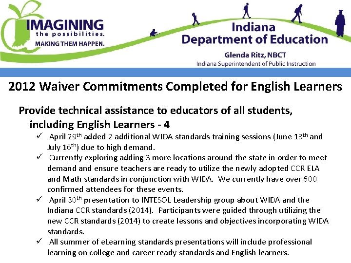 2012 Waiver Commitments Completed for English Learners Provide technical assistance to educators of all