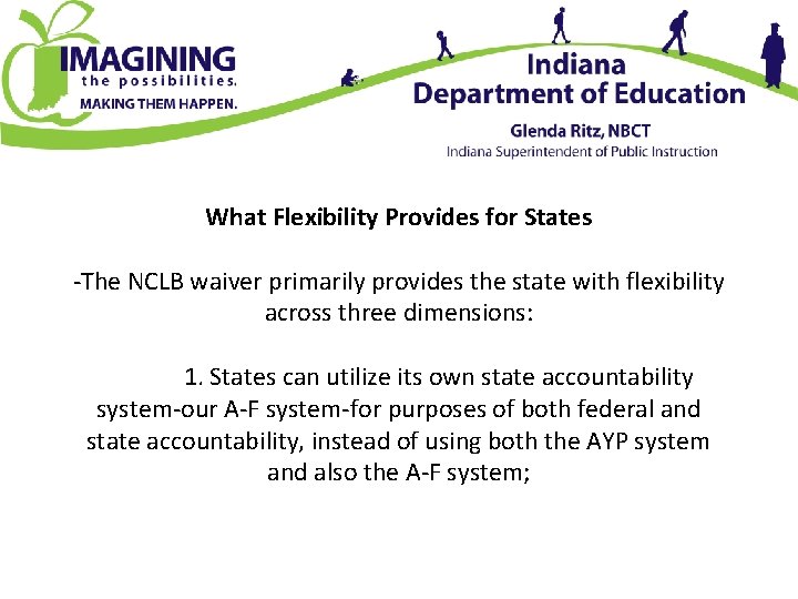 What Flexibility Provides for States -The NCLB waiver primarily provides the state with flexibility