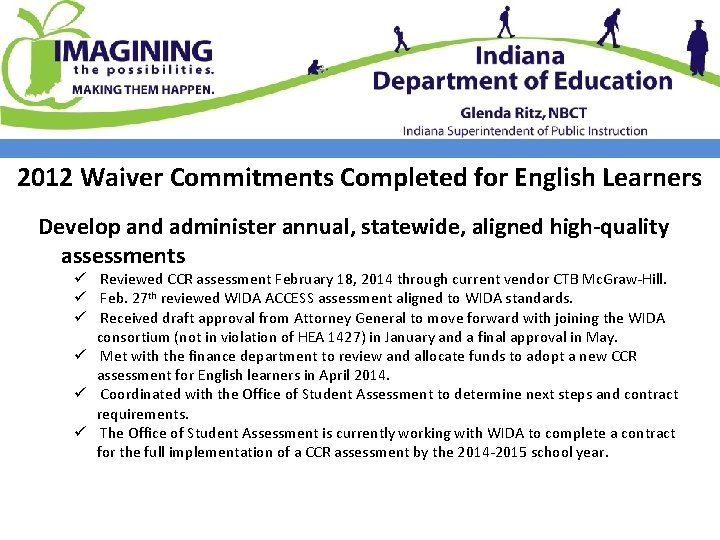 2012 Waiver Commitments Completed for English Learners Develop and administer annual, statewide, aligned high-quality