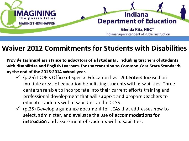 Waiver 2012 Commitments for Students with Disabilities Provide technical assistance to educators of all