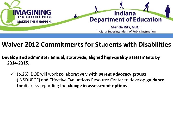 Waiver 2012 Commitments for Students with Disabilities Develop and administer annual, statewide, aligned high-quality