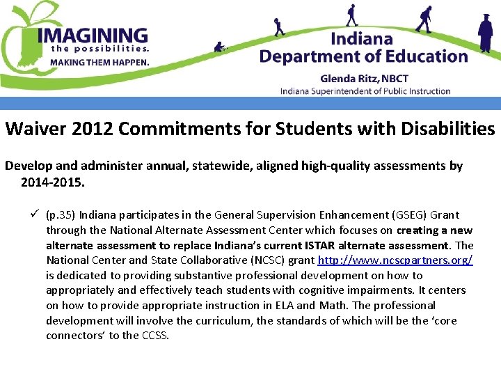 Waiver 2012 Commitments for Students with Disabilities Develop and administer annual, statewide, aligned high-quality