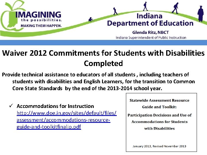 Waiver 2012 Commitments for Students with Disabilities Completed Provide technical assistance to educators of