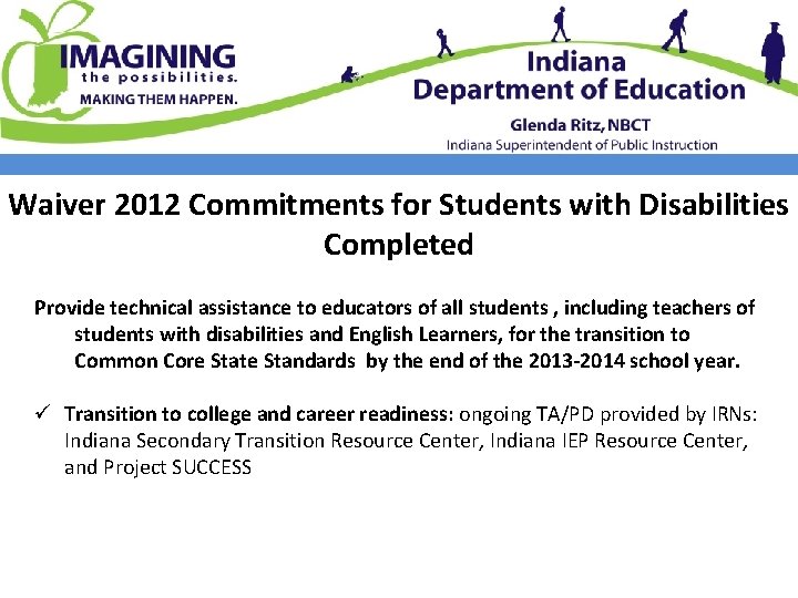 Waiver 2012 Commitments for Students with Disabilities Completed Provide technical assistance to educators of