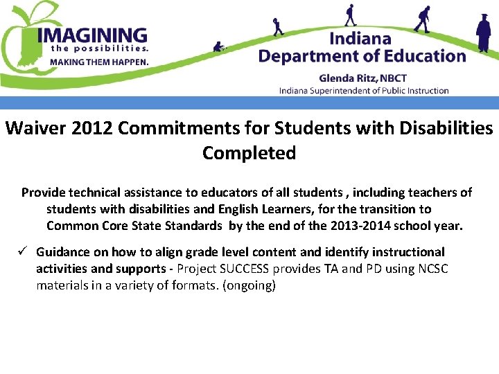 Waiver 2012 Commitments for Students with Disabilities Completed Provide technical assistance to educators of