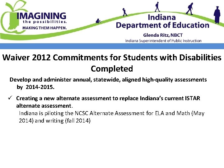 Waiver 2012 Commitments for Students with Disabilities Completed Develop and administer annual, statewide, aligned