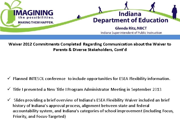 Waiver 2012 Commitments Completed Regarding Communication about the Waiver to Parents & Diverse Stakeholders,