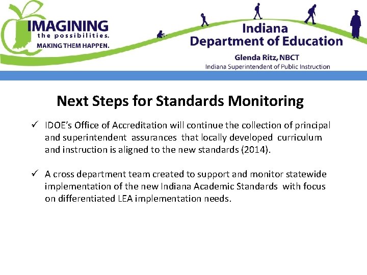 Next Steps for Standards Monitoring ü IDOE’s Office of Accreditation will continue the collection