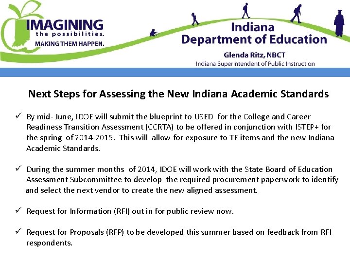 Next Steps for Assessing the New Indiana Academic Standards ü By mid- June, IDOE