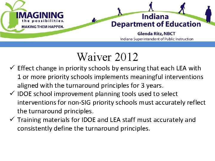 Waiver 2012 ü Effect change in priority schools by ensuring that each LEA with