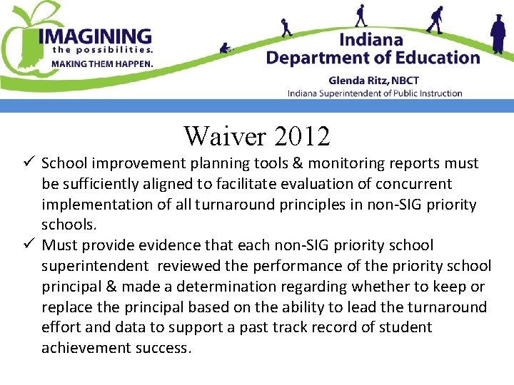 Waiver 2012 ü School improvement planning tools & monitoring reports must be sufficiently aligned