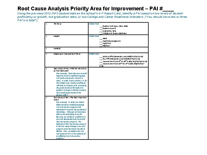 Root Cause Analysis Priority Area for Improvement – PAI #____ Using the provided 2012