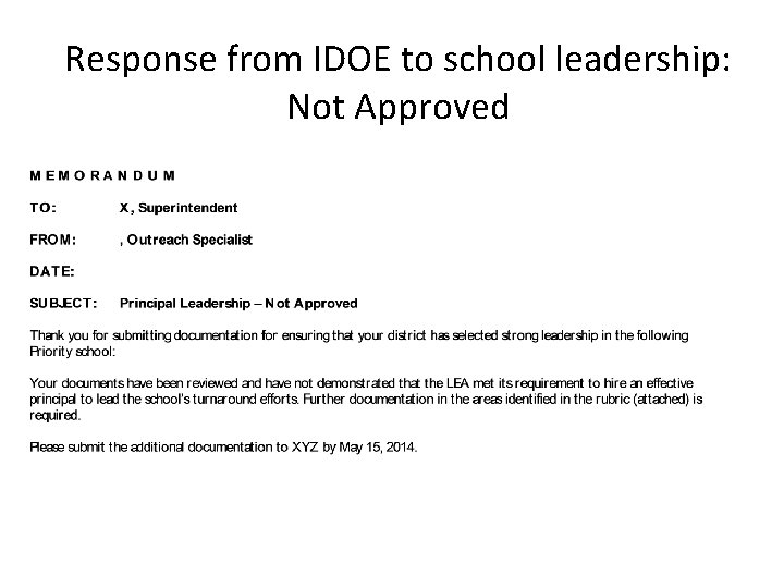 Response from IDOE to school leadership: Not Approved 