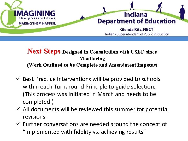 Next Steps Designed in Consultation with USED since Monitoring (Work Outlined to be Complete