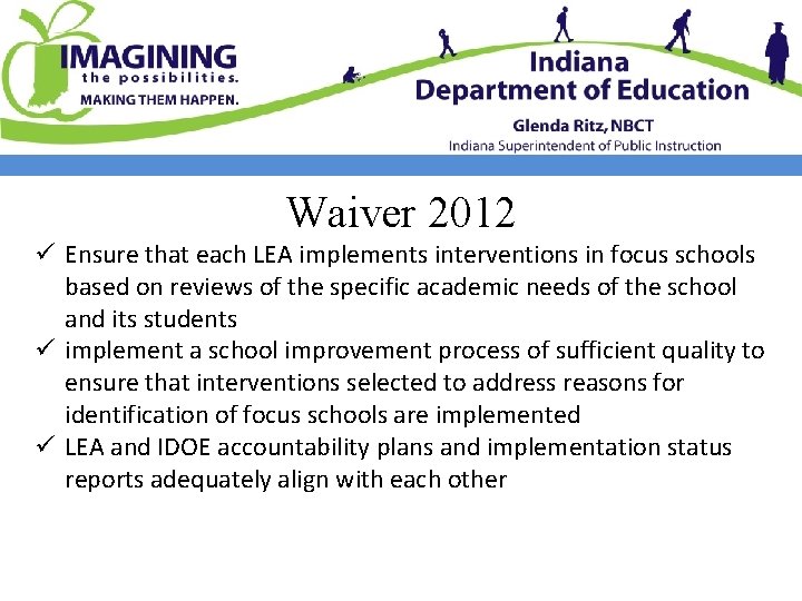 Waiver 2012 ü Ensure that each LEA implements interventions in focus schools based on