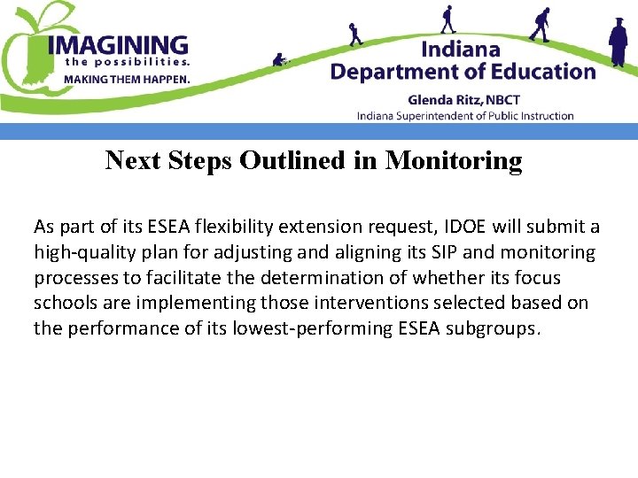 Next Steps Outlined in Monitoring As part of its ESEA flexibility extension request, IDOE