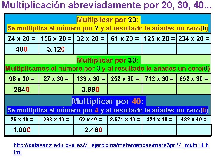Multiplicación abreviadamente por 20, 30, 40. . . Multiplicar por 20: Se multiplica el