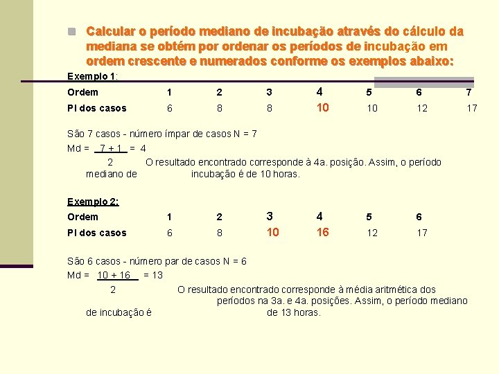 n Calcular o período mediano de incubação através do cálculo da mediana se obtém