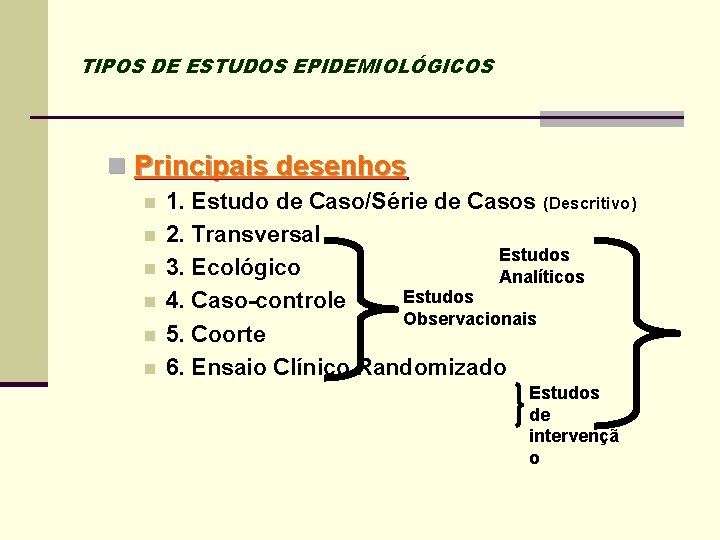 TIPOS DE ESTUDOS EPIDEMIOLÓGICOS n Principais desenhos n n n 1. Estudo de Caso/Série