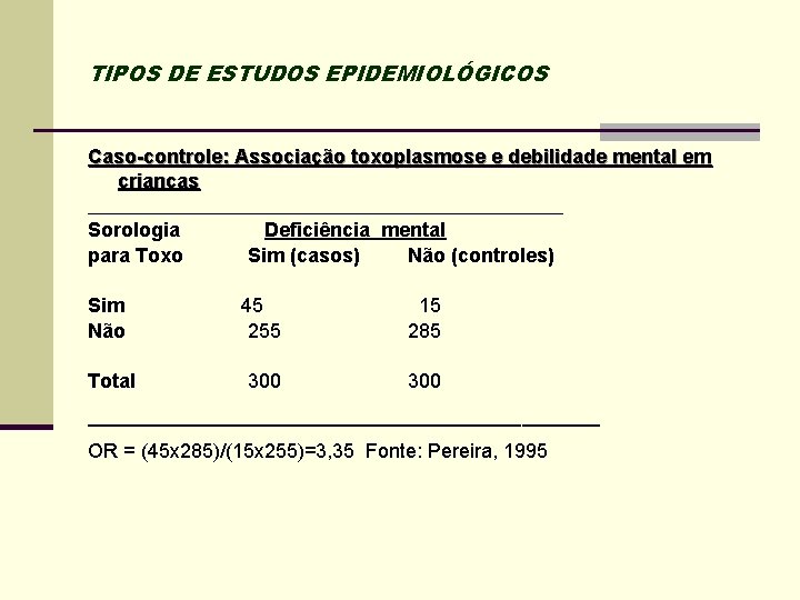 TIPOS DE ESTUDOS EPIDEMIOLÓGICOS Caso-controle: Associação toxoplasmose e debilidade mental em crianças ____________________________ Sorologia