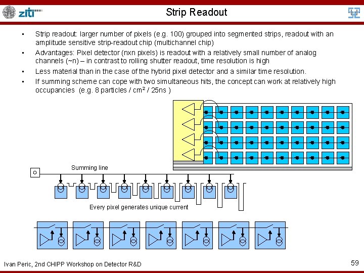 Strip Readout • • Strip readout: larger number of pixels (e. g. 100) grouped