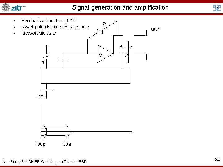 Signal-generation and amplification • • • Feedback action through Cf N-well potential temporary restored