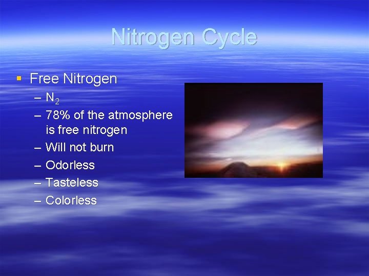 Nitrogen Cycle § Free Nitrogen – N 2 – 78% of the atmosphere is