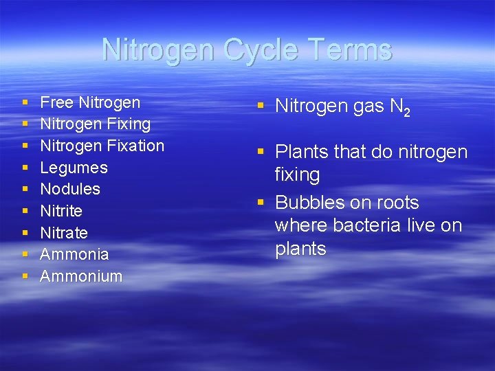 Nitrogen Cycle Terms § § § § § Free Nitrogen Fixing Nitrogen Fixation Legumes