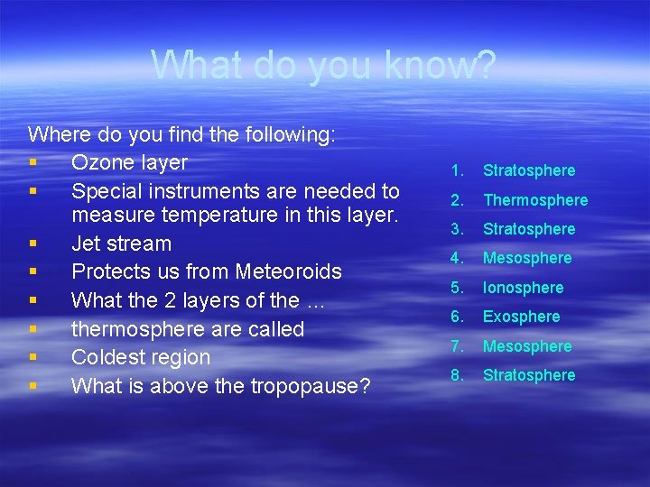 What do you know? Where do you find the following: § Ozone layer §