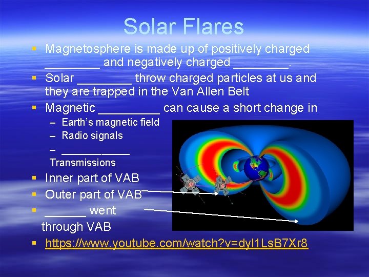 Solar Flares § Magnetosphere is made up of positively charged ____ and negatively charged