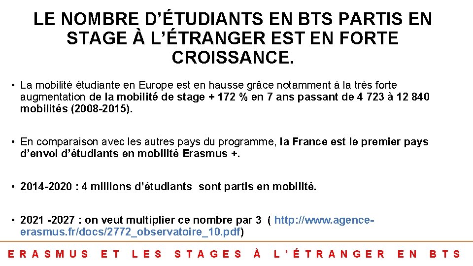 LE NOMBRE D’ÉTUDIANTS EN BTS PARTIS EN STAGE À L’ÉTRANGER EST EN FORTE CROISSANCE.