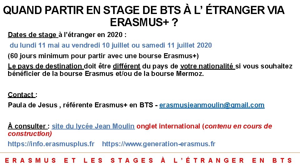 QUAND PARTIR EN STAGE DE BTS À L’ ÉTRANGER VIA ERASMUS+ ? Dates de