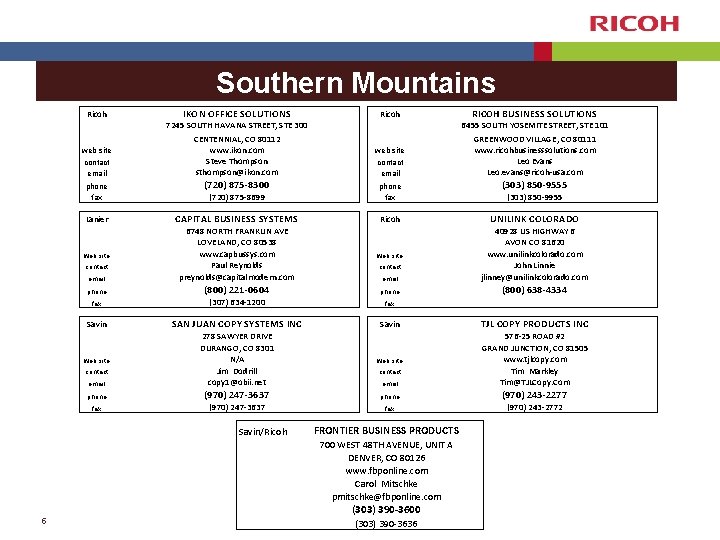 Southern Mountains Ricoh IKON OFFICE SOLUTIONS web site contact email 7245 SOUTH HAVANA STREET,